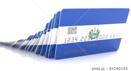 Domino effect with falling credit cards with flags of El Salvador. Conceptual 3d rendering 84290104