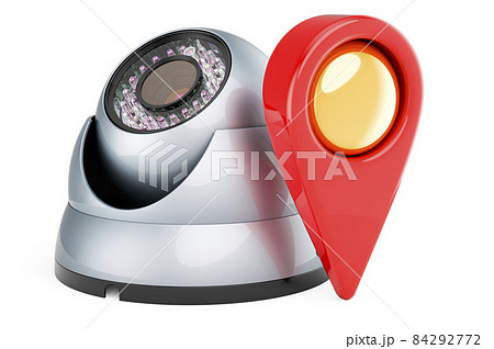 Dome security camera with map pointer. 3D rendering Dome security camera with map pointer. 3D rendering 84292772