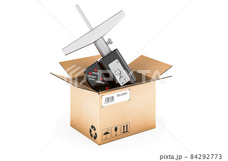 Digital depth micrometer inside cardboard box, delivery concept. 3D rendering 84292773