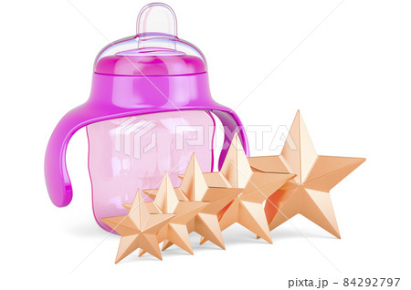 Non spill kids cup with five golden stars. Customer rating of non-spill cups. 3D rendering 84292797