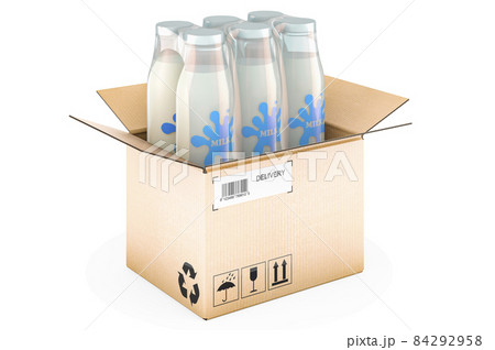 Package of glass milk bottles in shrink film inside cardboard box, delivery concept. 3D rendering Package of glass milk bottles in shrink film inside cardboard box, delivery concept. 3D rendering 84292958