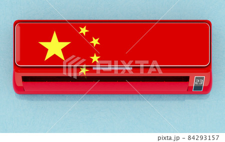 Air conditioner with Chinese flag on the wall. House climate control system in China. 3D rendering 84293157