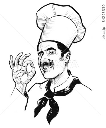 Intalian chef showing okay sign. Ink black and white drawing Intalian chef showing okay sign. Ink black and white drawing 84293330