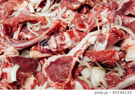 raw lamb ribs background, closeup view 84296130