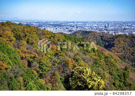 高尾山　秋の登山道　稲荷山コース　あずま屋から都心方面の見晴らし 84298357