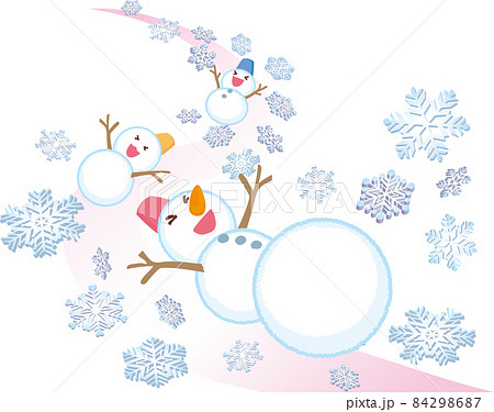 雪の滑り台で遊ぶ雪だるま_ピンク 84298687