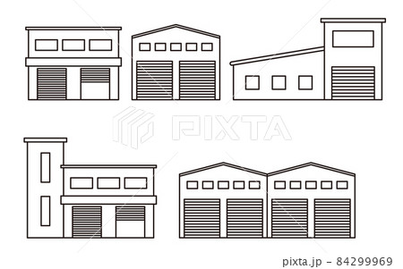 シャッターのある倉庫の線画イラストセット 84299969