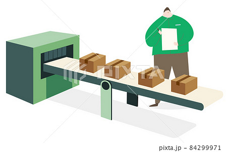 ベルトコンベアの商品をチェックするスタッフ 84299971