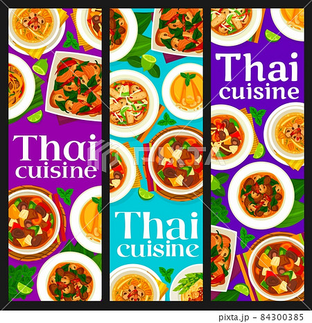 Thai cuisine meals banners. Rice noodles with mushrooms, chicken and sesame, vegetable, ginger beef and tofu stir fry, mushroom curry, fried pineapple with cashew and stir fried beef in oyster sauce Thai cuisine meals banners. Rice noodles with mushrooms, chicken and sesame, vegetable, ginger beef and tofu stir fry, mushroom curry, fried pineapple with cashew and stir fried beef in oyster sauce 84300385
