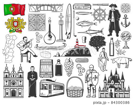 Portugal Lisbon travel, Portuguese vector icons of tram, food and fado music, culture and city landmarks. Portugal travel flag, map and and rooster symbol, Lisboa traditional sardines and architecture Portugal Lisbon travel, Portuguese vector icons of tram, food and fado music, culture and city landmarks. Portugal travel flag, map and and rooster symbol, Lisboa traditional sardines and architecture 84300386