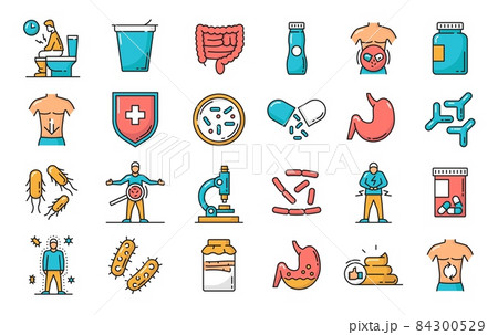 Probiotics and microflora line icons set. Human immune and digestive system disease, prebiotics pills and food, microbe outline icons set with bacteria, guts and stomach, microscope, yogurt Probiotics and microflora line icons set. Human immune and digestive system disease, prebiotics pills and food, microbe outline icons set with bacteria, guts and stomach, microscope, yogurt 84300529