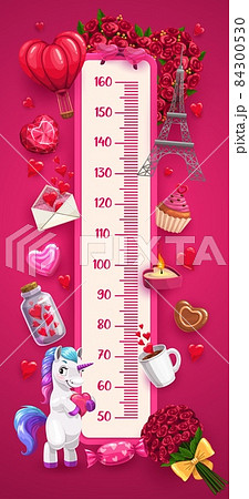 Kids height chart of love and care , growth measuring meter with cartoon red hearts, rose flowers and candies. Romantic centimeter ruler vector scale with unicorn, candle, cupcake and coffee Kids height chart of love and care , growth measuring meter with cartoon red hearts, rose flowers and candies. Romantic centimeter ruler vector scale with unicorn, candle, cupcake and coffee 84300530