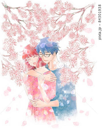 バックハグする若い男女のカップル 笑顔 枝付き桜のイラスト素材