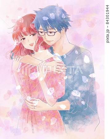 バックハグする若い男女のカップル ほほえみ 桜の花びらとピンク系背景のイラスト素材