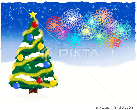 打ち上げ花火とクリスマスツリーの背景素材。 打ち上げ花火とクリスマスツリーの背景素材。 84301958
