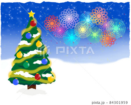 打ち上げ花火とクリスマスツリーの背景素材。 打ち上げ花火とクリスマスツリーの背景素材。 84301959