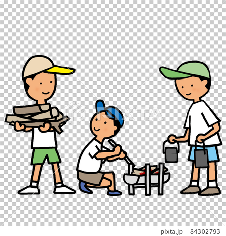 キャンプのために薪を集め炊事する3人組の少年 84302793