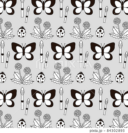 春の虫のデザインパターン背景素材 白黒イラスト のイラスト素材