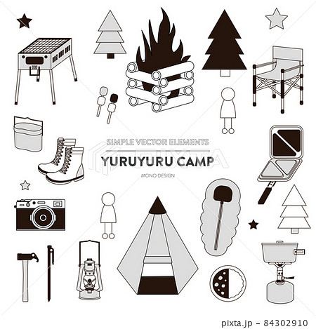 キャンプのデザイングラフィック素材 白黒イラスト のイラスト素材