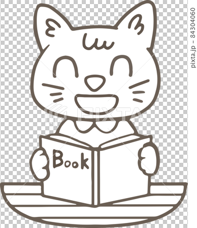 線画 かわいい動物イラスト 本を読むネコのイラスト素材