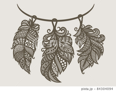 Feather necklace. Decorative pendant decoration in Indian style. Set of three openwork elements with lace ethnic ornament on string. Gray-brown objects on a light beige background. Vector illustration 84304094