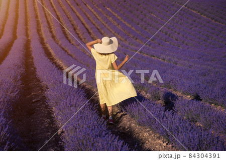 a girl in a yellow dress on a lavender field 84304391