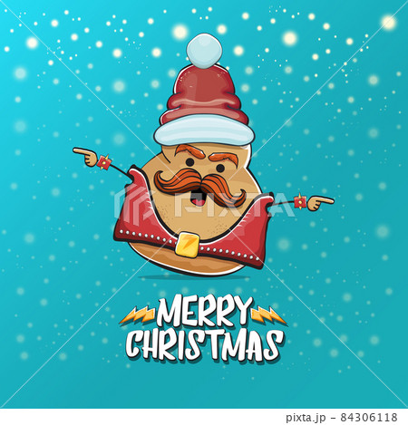 vector rock star Santa potato funny cartoon cute character with red Santa hat and calligraphic merry Christmas text isolated on a turquoise background with snow. rock n roll Christmas party poster 84306118