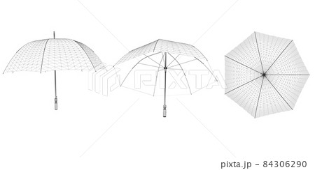 Set with umbrella wireframes from black lines isolated on white background. Top, side, bottom view. 3D. Vector illustration Set with umbrella wireframes from black lines isolated on white background. Top, side, bottom view. 3D. Vector illustration 84306290
