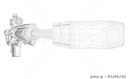 Wireframe with rifle with telescopic sight from black lines isolated on white background. Perspective view. 3D. Vector illustration Wireframe with rifle with telescopic sight from black lines isolated on white background. Perspective view. 3D. Vector illustration 84306299