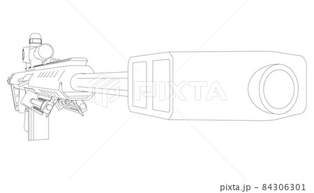 Contour with rifle with telescopic sight from black lines isolated on white background. Perspective view. 3D. Vector illustration Contour with rifle with telescopic sight from black lines isolated on white background. Perspective view. 3D. Vector illustration 84306301