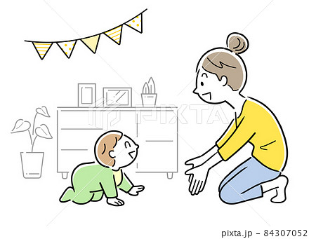 育児 子育て ハイハイする赤ちゃんと母親のイラスト素材