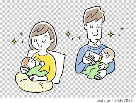 育児、子育て：赤ちゃんに母乳を与える母親とミルクを与える父親 84307056
