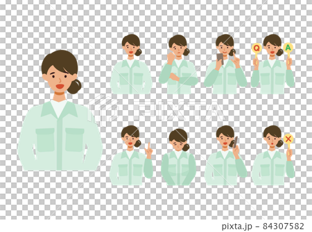 Illustration of a woman's upper body in work clothes with a smile Illustration of a woman's upper body in work clothes with a smile 84307582
