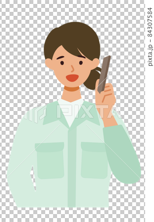 一個穿著工作服的女人用智能手機說話的插圖 一個穿著工作服的女人用智能手機說話的插圖 84307584