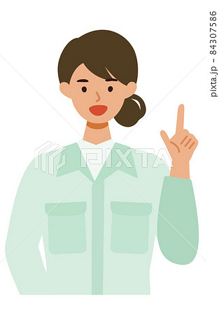 作業服の女性の上半身イラスト 指差しのイラスト素材