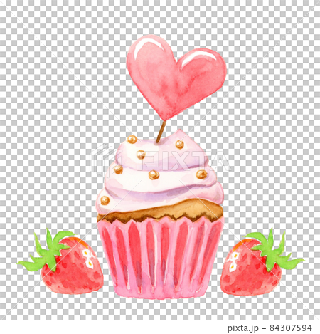 ハートのカップケーキと苺【手描き水彩画】 84307594