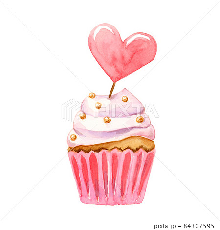 ハートのカップケーキ 手描き水彩画 のイラスト素材