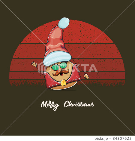 vector rock star Santa potato funny cartoon cute character with red Santa hat and calligraphic merry Christmas text isolated on vintage retro background with retro stripped sun. Christmas party poster 84307622