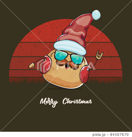 vector rock star Santa potato funny cartoon cute character with red Santa hat and calligraphic merry Christmas text isolated on vintage retro background with retro stripped sun. Christmas party poster 84307670