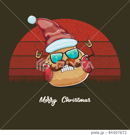 vector rock star Santa potato funny cartoon cute character with red Santa hat and calligraphic merry Christmas text isolated on vintage retro background with retro stripped sun. Christmas party poster 84307672