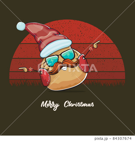 vector rock star Santa potato funny cartoon cute character with red Santa hat and calligraphic merry Christmas text isolated on vintage retro background with retro stripped sun. Christmas party poster 84307674