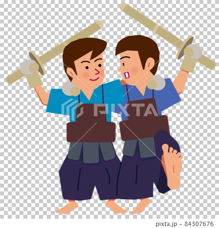 Classmates wearing kendo and crossing their shoulders Classmates wearing kendo and crossing their shoulders 84307676