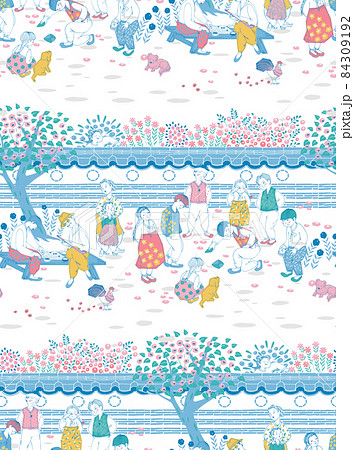 Seamless pattern illustration of Korean villagers enjoying traditional games in Korea. Design for Poster, card, picture frame, fabric, web design and print project	 84309192