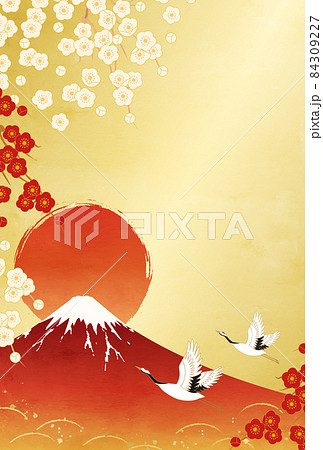 富士山と初日の出と鶴の22年年賀状のベクターイラストのイラスト素材