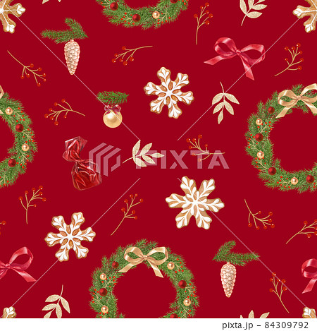 New Year's pattern with wreaths of fir branches, bows and gingerbread. Watercolor illustrations New Year's pattern with wreaths of fir branches, bows and gingerbread. Watercolor illustrations 84309792