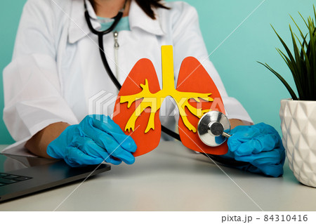 Female doctor in gloves is touching a lung model with a stethoscope at office. The concept is the importance of early diagnostics 84310416