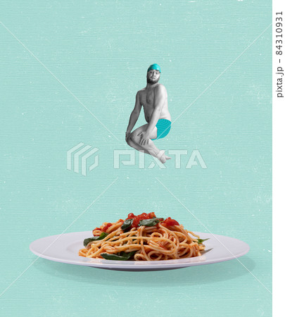Contemporary art collage of funny man, in swimming hat diving into plate with pasta isolated over mint background 84310931