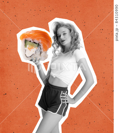 Contemporary art collage of young beautiful girl holding big and delicious sushi isolated over orange background. Japanese food degustation Contemporary art collage of young beautiful girl holding big and delicious sushi isolated over orange background. Japanese food degustation 84310990