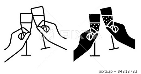 Linear icon. Glasses with festive sparkling champagne in hands. Cheers with glasses at New Year table. Simple black and white vector isolated on white background 84313733