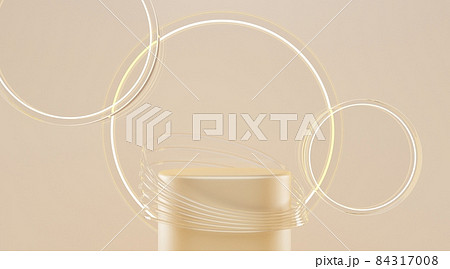Abstract geometric stage or podium with clear cylindrical frames and glass glowing rings on beige nude background. Blank pedestal, platform or showcase for beauty product display cosmetics, 3d render 84317008